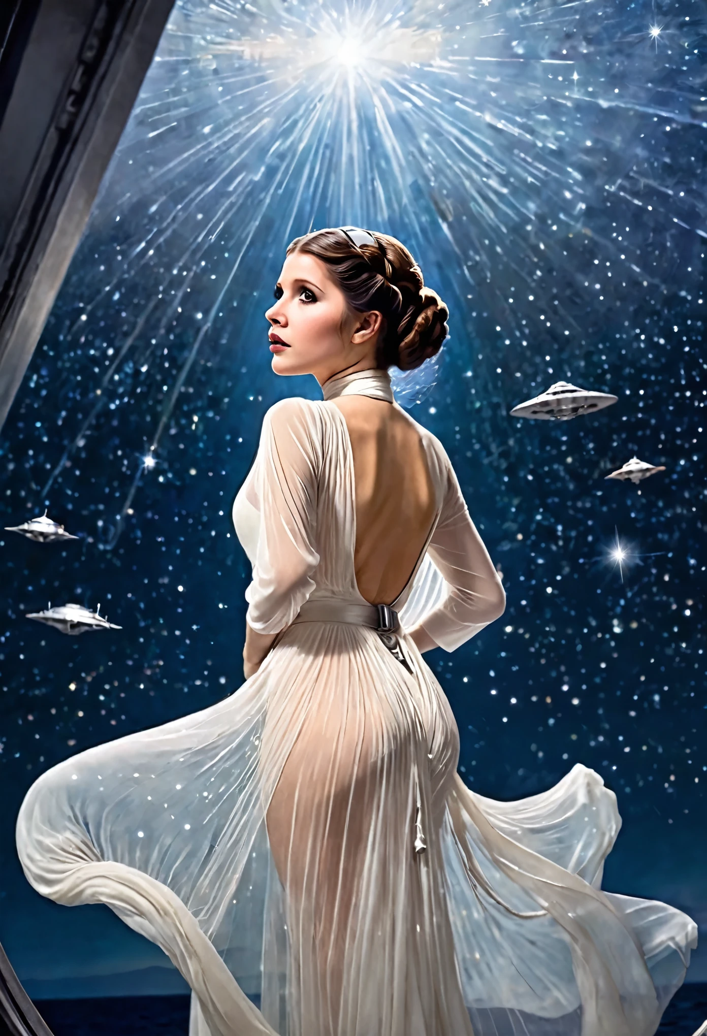 Princess Leia (age 25, airy sheer white elegant gown), camera low looking up at her butt and a starry sky, a few tiny space ships fly across the sky, lush ocean world