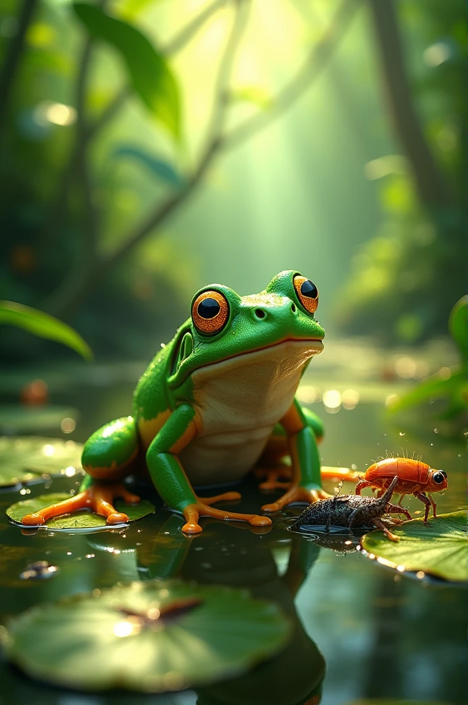 The frog is happily eating insects.
