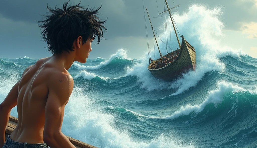Kai is a lean, wiry teenager with tanned skin from long days spent under the sun. His hair is dark and unruly,The ocean unleashing its fury, with towering waves crashing violently against a tiny boat, tossed around like a leaf in the wind."**