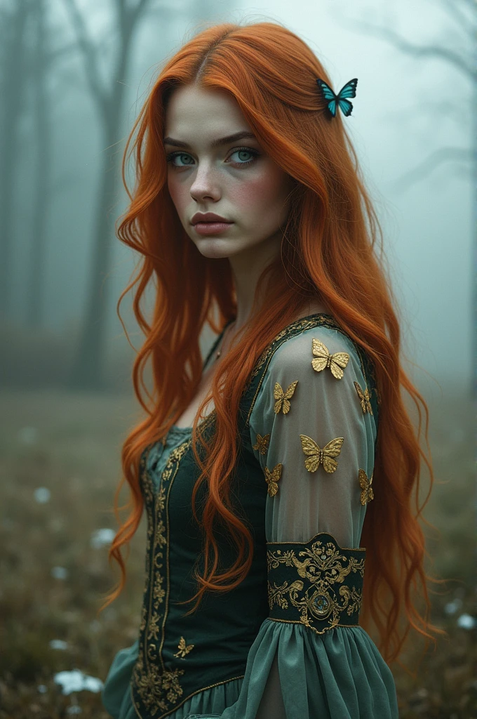 (solo, full body photo:1.3), (action packed:1.3), (haze, fog, mist:1.3), chiaroscuro, best quality, photorealistic, 1woman, (cute), (24yo:1.2), redhead, long ginger hair highly detailed, 1700'S, digital photography, art by artgerm and ruan jia and greg rutkowski surreal painting gold butterfly filigree, broken glass, (masterpiece, sidelighting, finely detailed Fashionable eyes: 1.2) (perfect oval large eyes that gazes at the viewer), beautiful detailed face, blue gorgeous perfect eyes, (blonde hair ponytail), (attractive young woman:1.3), (thick amazing hair), (seductive:1.1), (blushing:1.1)