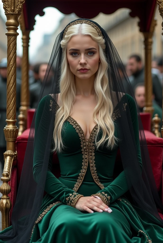 A beautiful Targaryen Women with round face and platinum blonde hair and with purple eyes, she's wearing a royal green velvet gown with a black net shawl on head that covering her face and head, She's sad and sitting on an open Royal wagon and travelling through street, soldiers marching behind, she's  