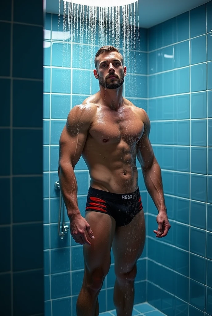 a man in wet black trunk underwear in bathroom , full body photo, handsome man, best quality, 8k, highres, masterpiece:1.2, ultra-detailed, realistic, photorealistic:1.37, HDR, studio lighting, professional, vivid colors, male portrait, indoor, dramatic lighting and a man bathing togather in shower make very very very water droplet effect on man body and were wet black trunk underwear trunk underwear trunk underwear trunk underwear trunk underwear and red colour stripline on trunk underwear and were black trunk underwear trunk underwear trunk underwear trunk underwear only one man bathing in blue bathroom