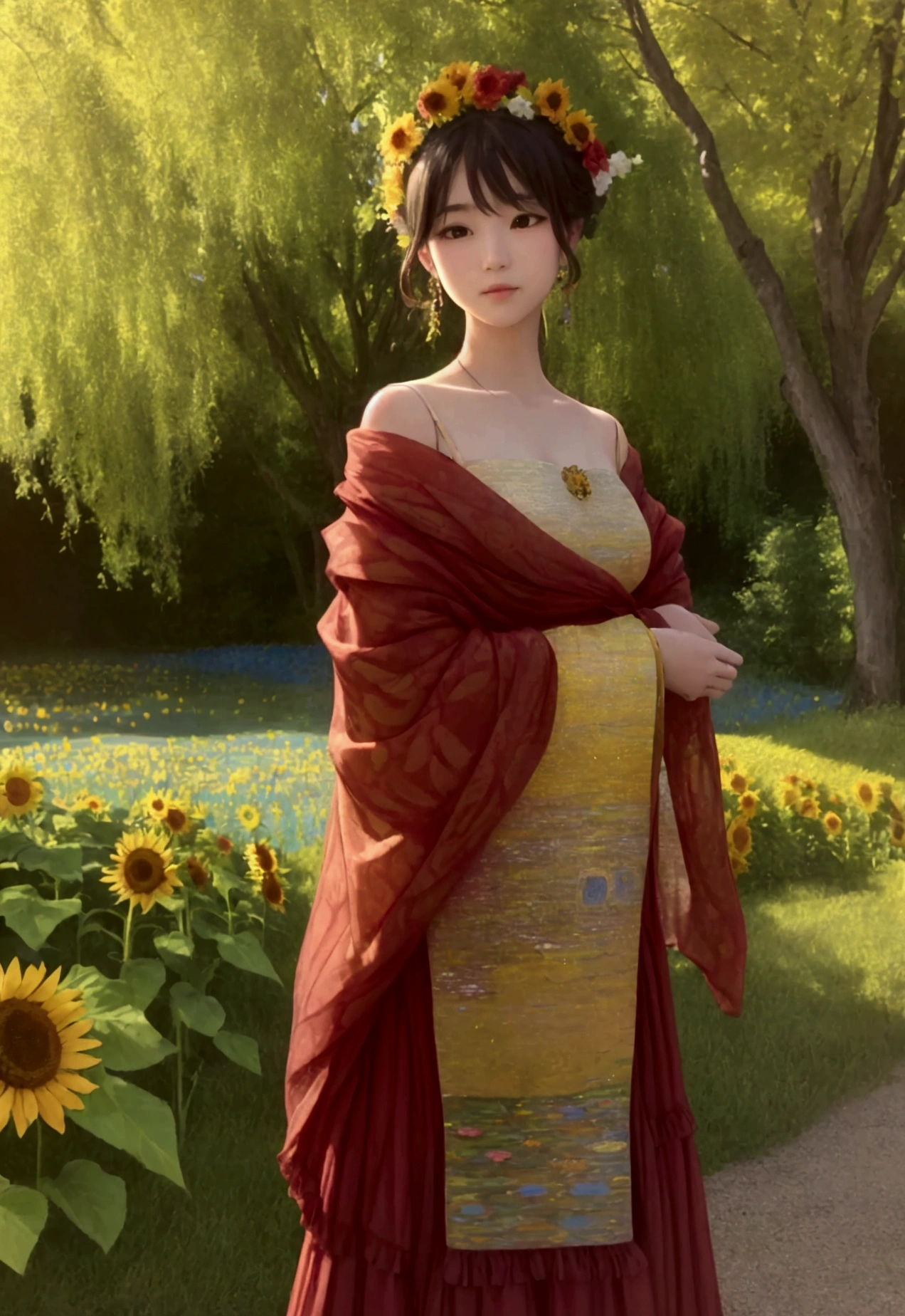 "Generate a preliminary sketch for a landscape painting that combines the colors of Monet, the opulent atmosphere of Klimt, and the delicate style of Kyosuke Chinai. The theme is summer sunflowers. The scene should portray sunflowers in focus with a backdrop of an English garden on a gentle hill, depicted in hues of red and gold during the soft light of sunset. The aim is to evoke feelings of the melancholy and transience of late summer. No man-made structures should be included, emphasizing the beauty of nature."