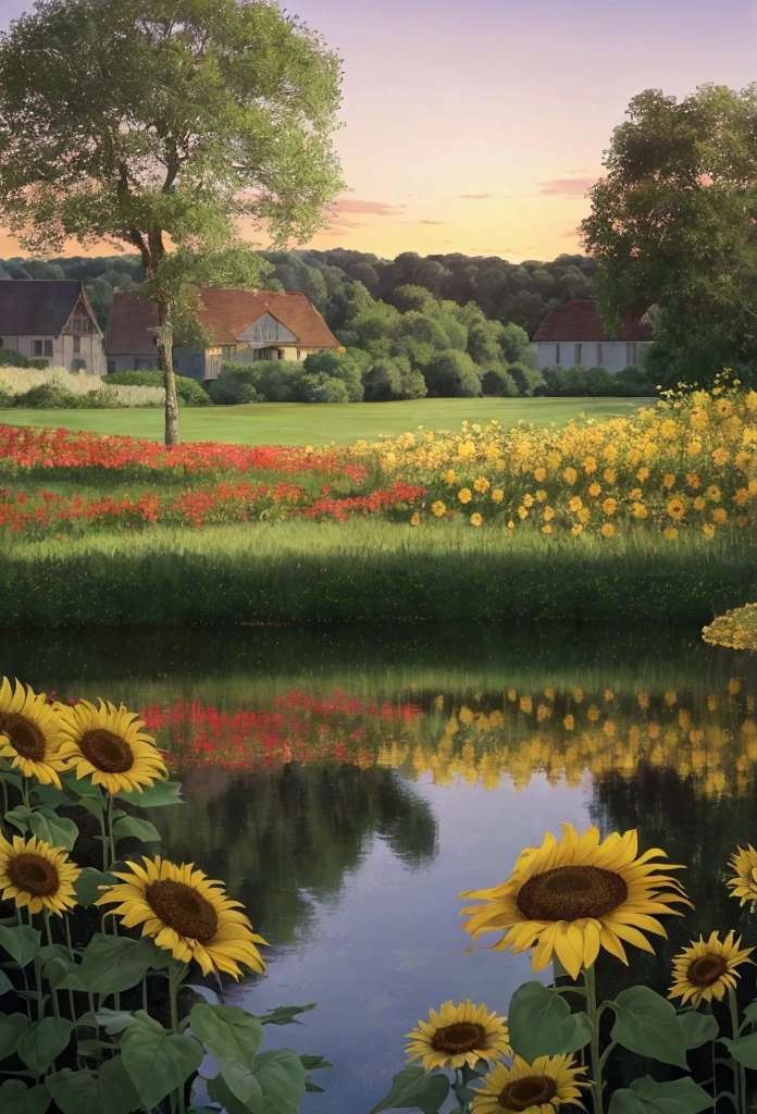 "Generate a preliminary sketch for a landscape painting that combines the colors of Monet, the opulent atmosphere of Klimt, and the delicate style of Kyosuke Chinai. The theme is summer sunflowers. The scene should portray sunflowers in focus with a backdrop of an English garden on a gentle hill, depicted in hues of red and gold during the soft light of sunset. The aim is to evoke feelings of the melancholy and transience of late summer. No man-made structures should be included, emphasizing the beauty of nature."