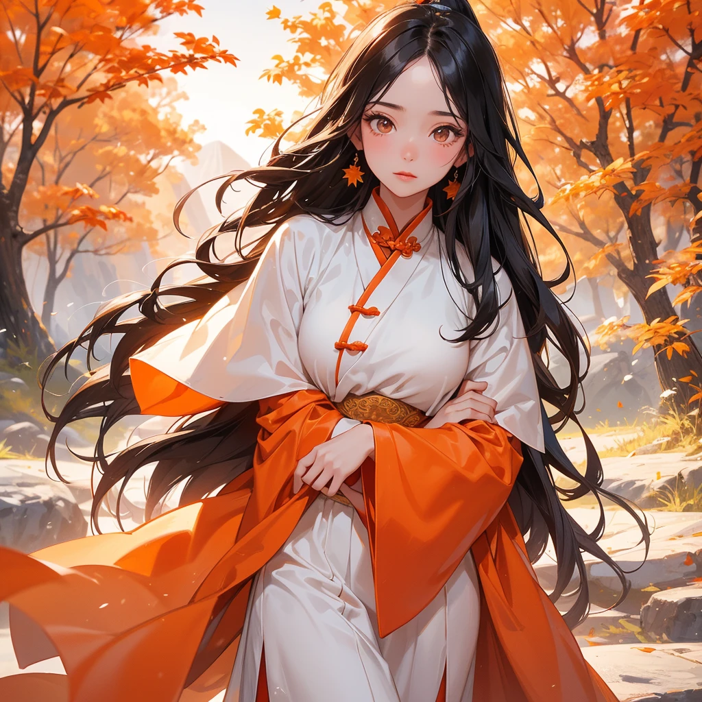 A beautiful girl with black long hair, wear white ancient chinese clothes, Walking in a mountain that turns orange-red in spring, with the sun shining on her face, close up.

The backdrop is a mountain that turns orange-red in spring, and maple leaves fall from the trees. 