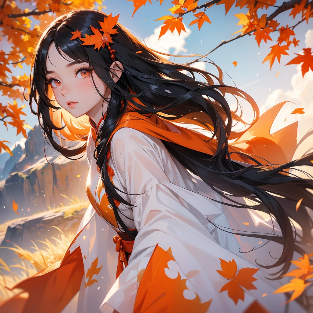 A beautiful girl with black long hair, wear white ancient chinese clothes, Walking in a mountain that turns orange-red in spring, with the sun shining on her face, close up.
The backdrop is a mountain that turns orange-red in spring, and maple leaves fall from the trees.