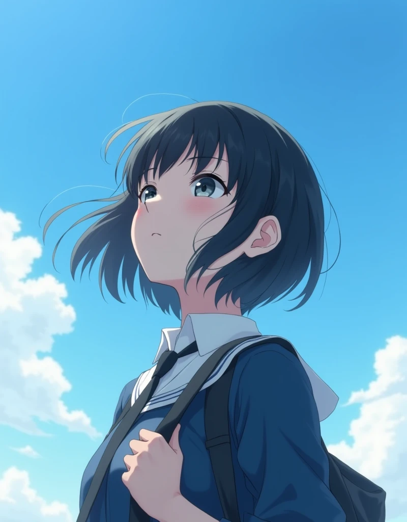 (RAW photo, best quality, masterpiece: 1.2), (photorealistic: 1.4), (20 years old, black hair, Light grey eyes, short bob cut, hair in 7 thirds, hair over one ear, solo, Detailed Skin:1.1), Cloudless blue sky, looking up at the sky, angle from below, Japanese school uniform, school bag, wind blowing