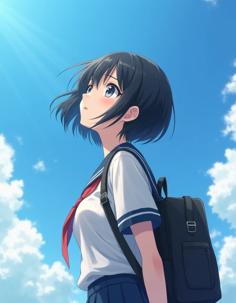 (RAW photo, best quality, masterpiece: 1.2), (photorealistic: 1.4), (20 years old, black hair, Light grey eyes, short bob cut, hair in 7 thirds, hair over one ear, solo, Detailed Skin:1.1), Cloudless blue sky, looking up at the sky, angle from below, Japanese school uniform, school bag, wind blowing