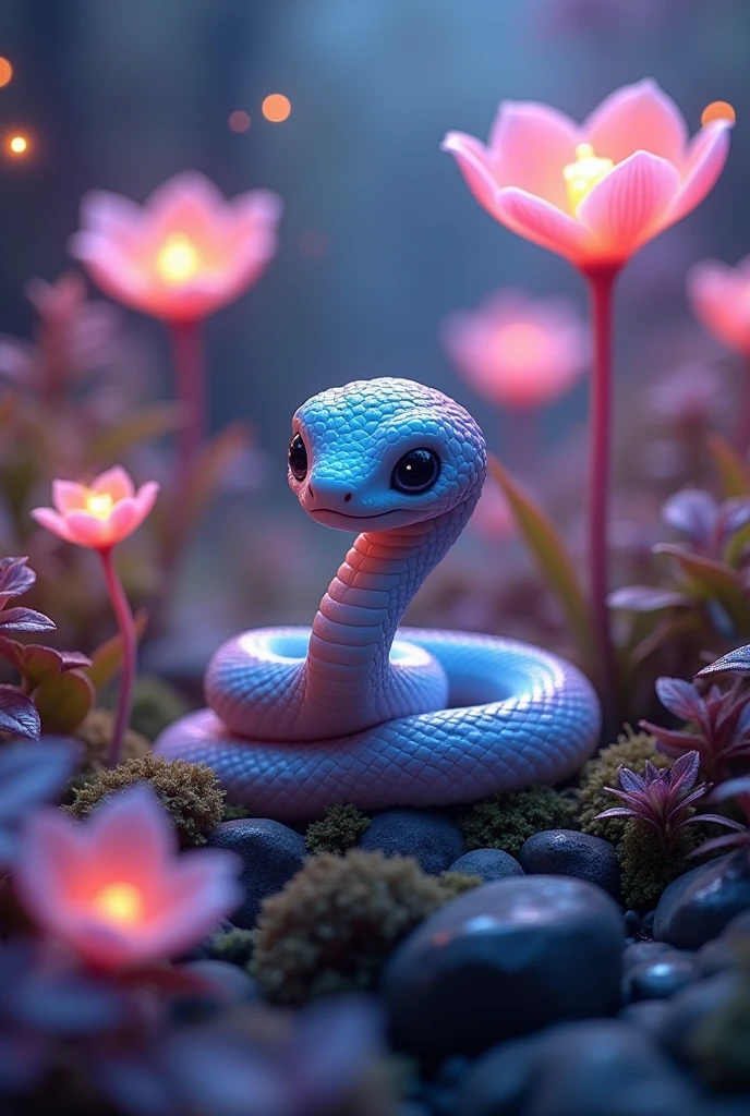 best quality、high resolution、Detailed background、Every detail is beautiful、Anatomically correct、A cute little snake with a hypnotic gaze, Luminescence, Fantastic, Obsessed, magic, Fantasy art concept,