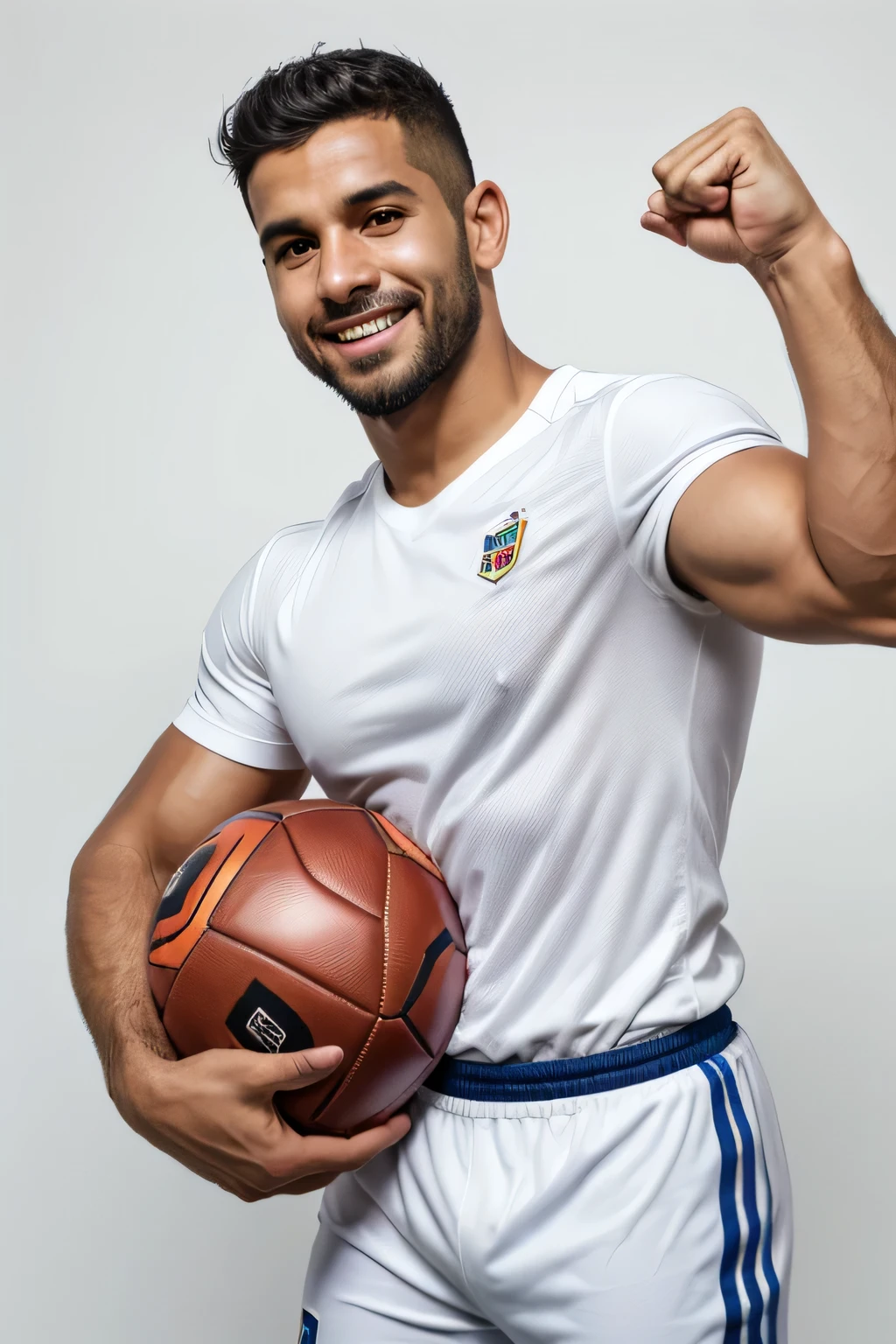 Happy football fan guy 35 years old Venezuelan appearance, mouth open, wearing a white T-shirt , One arm raised up, In the second hand, a soccer ball, White background, Waist-high photography, Excellent quality, high detail, very happy, masculine appearance, Correct anatomy, correct hands, Very courageous, right hand with fist raised up, in the left hand is a soccer ball