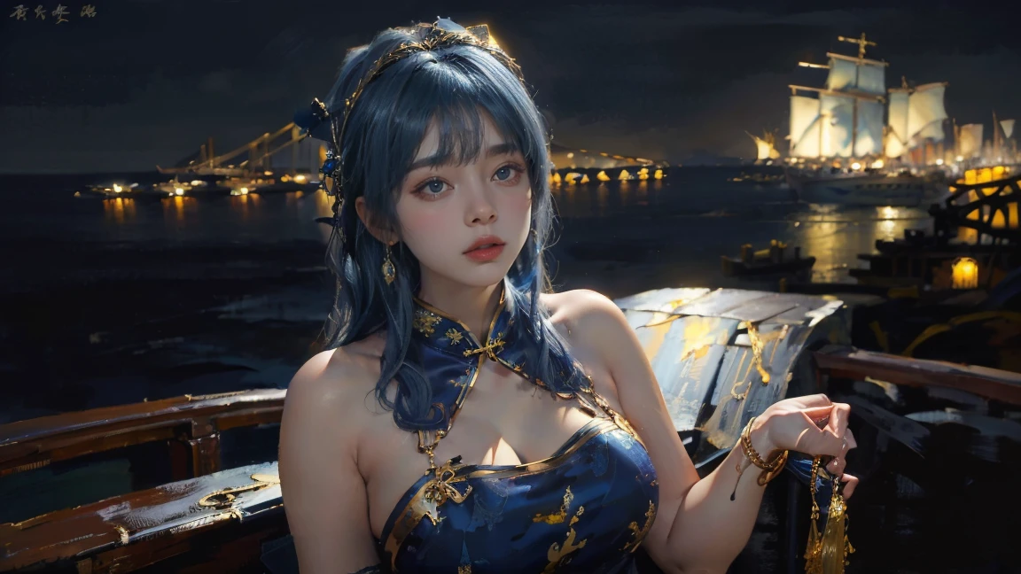 (The huge harbor in the background:1.5)，Oil painting style,The girl is on the other side,,Gold headdress，(Blue medium hair:1.2)，Late Night,(Blue cheongsam:1.2),(Metal:1.2),(Fat Face:1.2),(Upper body:1.),(Blue armlet:1.1),Crimson lips,With bangs
