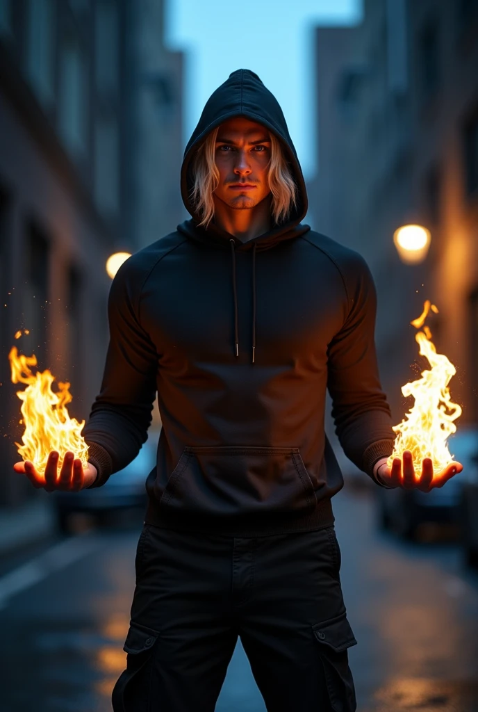 A misterious superhero. He wear black clothes: cargo pants, hoodie with large hood on his head and gloves without fingers. He has white long hair and he's very handsome but without beard and any facial hair - with clean face. The hood cover his face in half but I can see smirk on his face. He has indygo colored eyes. In his hand he's playing with fire between his fingers.
