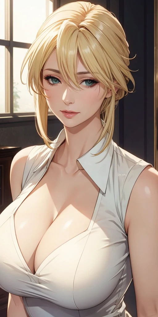 Elegant mature woman, loraeyes, blonde hair, sleeveless shirt, soft light, 4k resolution, high quality, beautiful cg
