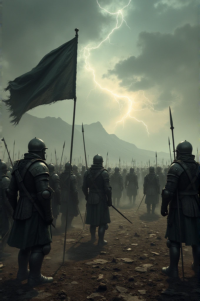plowed image of a man in armor standing in a field of soldiers, unreal motor matte paint, concept art from Darksouls, in the screenshot of the movie 300, warriors, day of judgment, black and white art, in formation, epic diptych, CGSOCIETY