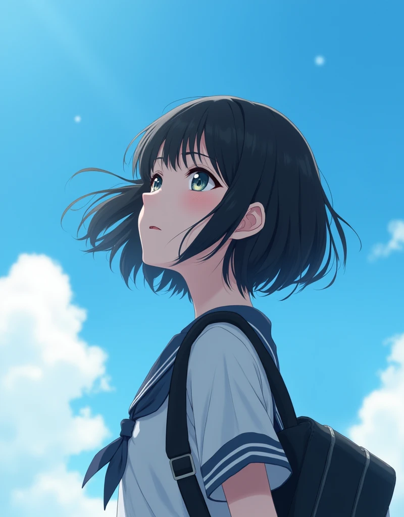 (RAW photo, best quality, masterpiece: 1.2), (photorealistic: 1.4), (20 years old, black hair, Light grey eyes, short bob cut, hair in 7 thirds, hair over one ear, solo, Detailed Skin:1.1), Cloudless blue sky, looking up at the sky, angle from below, school uniform, school bag, wind blowing