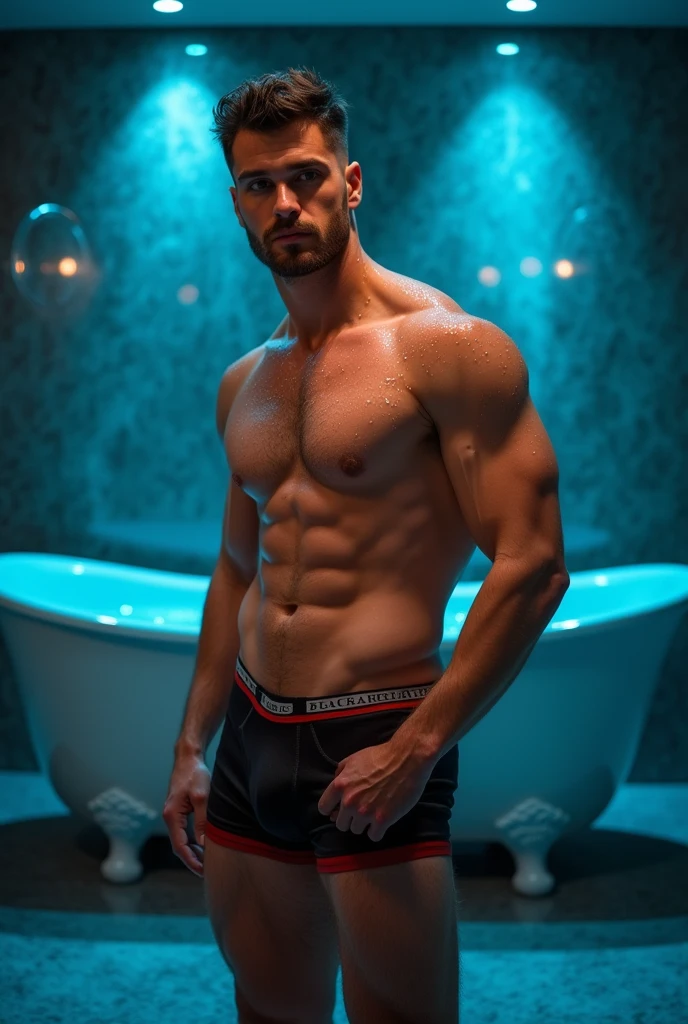 a man in wet  black trunk underwear in bathroom , full body photo, handsome man, best quality, 8k, highres, masterpiece:1.2, ultra-detailed, realistic, photorealistic:1.37, HDR, studio lighting, professional, vivid colors, male portrait, indoor, dramatic lighting and a man bathing togather in shower make very very very water droplet effect on man body  and were  wet black trunk underwear trunk underwear trunk underwear trunk underwear trunk underwear and red colour stripline on trunk underwear and were black trunk underwear trunk underwear trunk underwear trunk underwear only one man bathing in blue batra