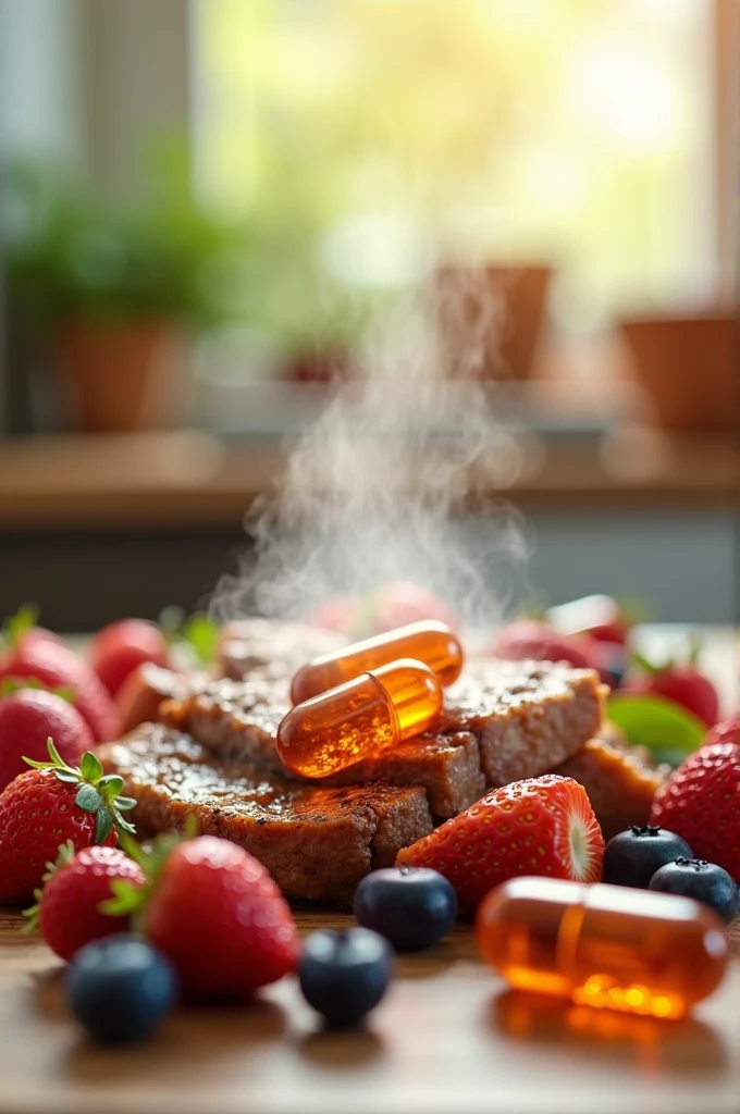 Whey protein capsules are beneficial to the body. Complete nutrients, fresh fruits, stir-fried meat mixed in the capsules.