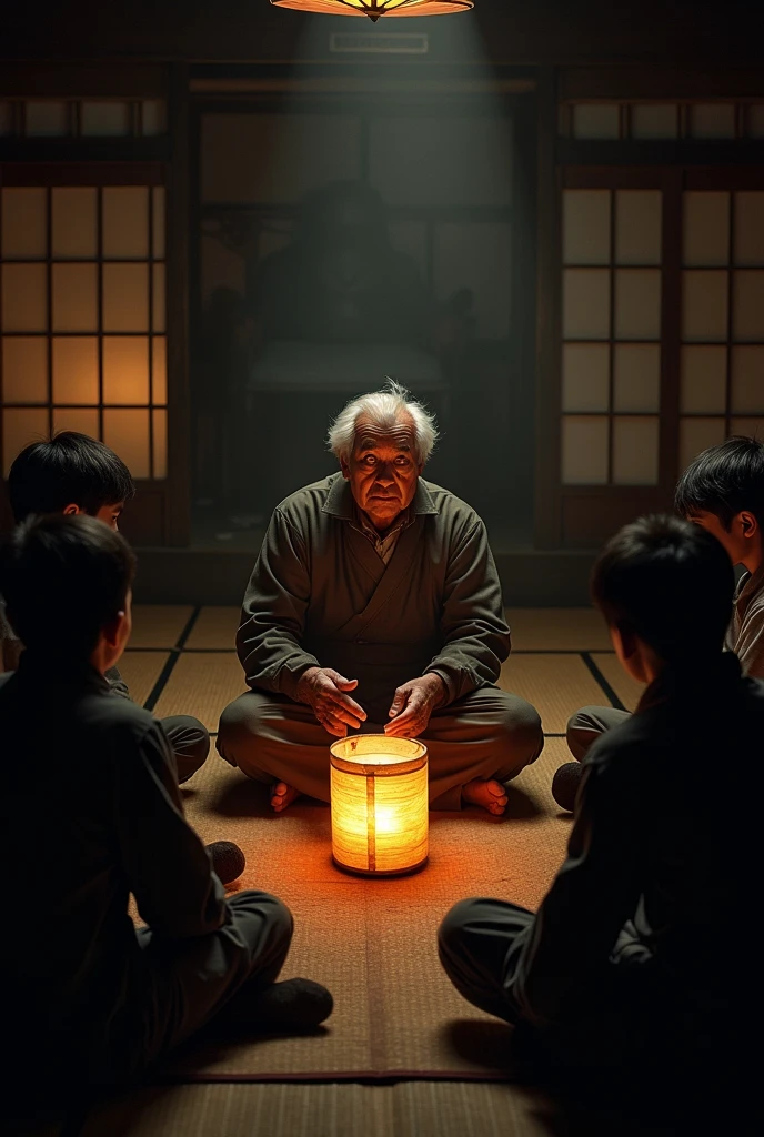 An older Japanese villager, telling a group of younger people about the mysterious disappearances. The setting is a small, dimly lit room with a traditional Japanese atmosphere. The listener's faces are filled with a mix of curiosity and fear.