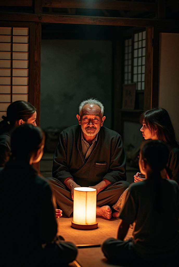 An older Japanese villager, telling a group of younger people about the mysterious disappearances. The setting is a small, dimly lit room with a traditional Japanese atmosphere. The listener's faces are filled with a mix of curiosity and fear.