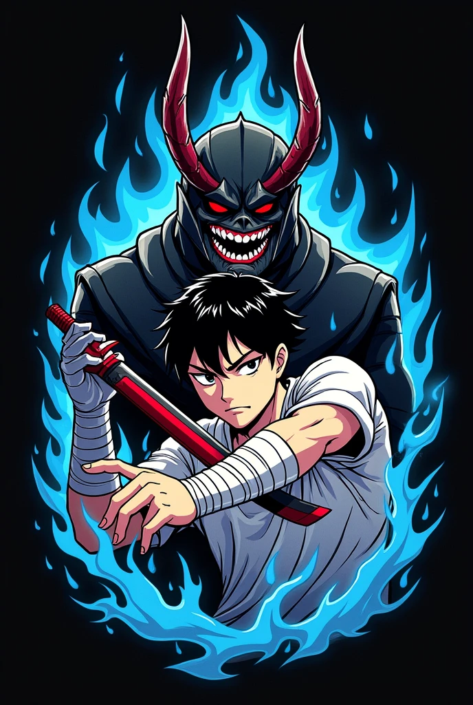 The image is of a black t-shirt featuring a graphic design inspired by the anime and web novel series, Solo Leveling.
The design is centered around the protagonist, Sung Jin-Woo, depicted in a battle-ready pose with a determined expression. He wields a red and black dagger, ready to strike. He wears his signature white bandages around his arms and hands.
Behind Jin-Woo looms a menacing figure, the Ant King, a powerful enemy from the series. The Ant King has a demonic appearance with sharp horns, a wide, sinister grin, and red tears flowing from its eyes. It is surrounded by blue and black flames, adding to the sense of danger and power.
The artwork is done in a vibrant, comic-book style with bold lines and striking colors. The contrast between the dark background and the bright blue flames creates a visually captivating effect.