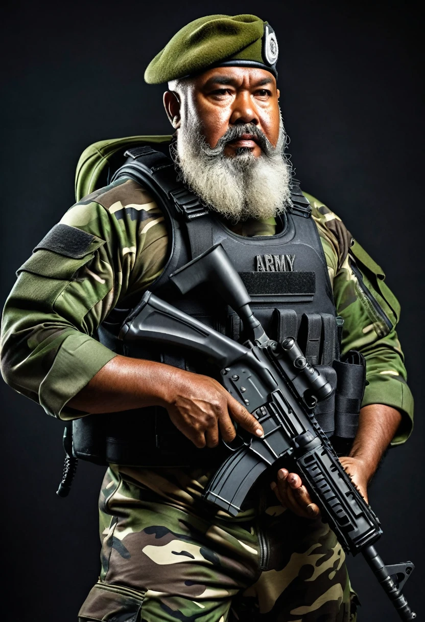(a dark-skinned bearded fat old man in a bulky army camouflage zipper diver suit) carrying a gun and (wearing army beret), muscular, Basuki Abdullah, sumatraism, action, a character portrait, heroic, fierce expression, ultra-detailed, best quality image