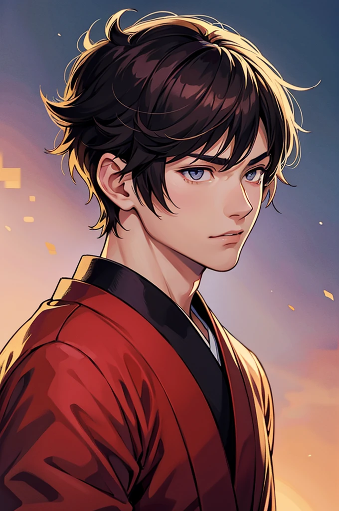 Handsome japanese boy, With a serious face and comma haircut