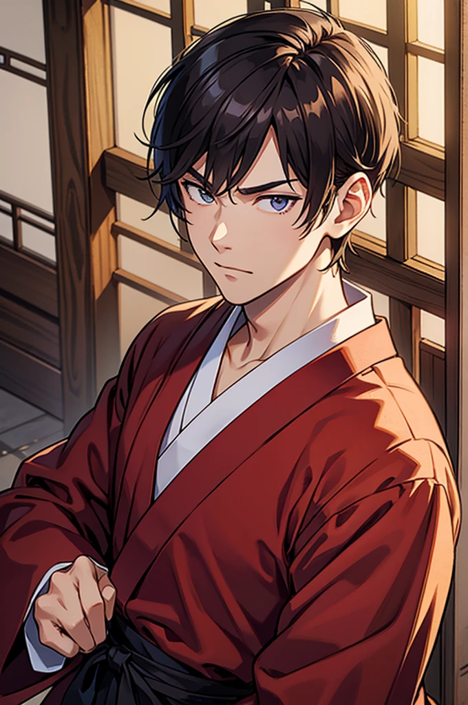 Handsome japanese boy, With a serious face and comma haircut