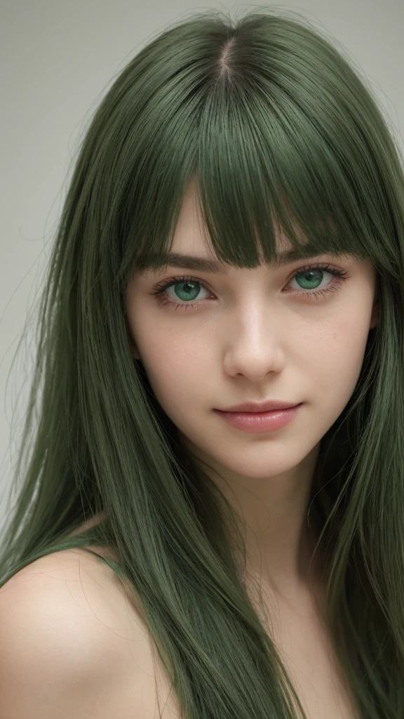 a girl. European. Extremely detailed face. Oval face. Delicate facial features. Half-closed eyes. Long straight hair. Messy hair. Bangs. Green hair. Green eyes. lewd expression. sad mood. smile
