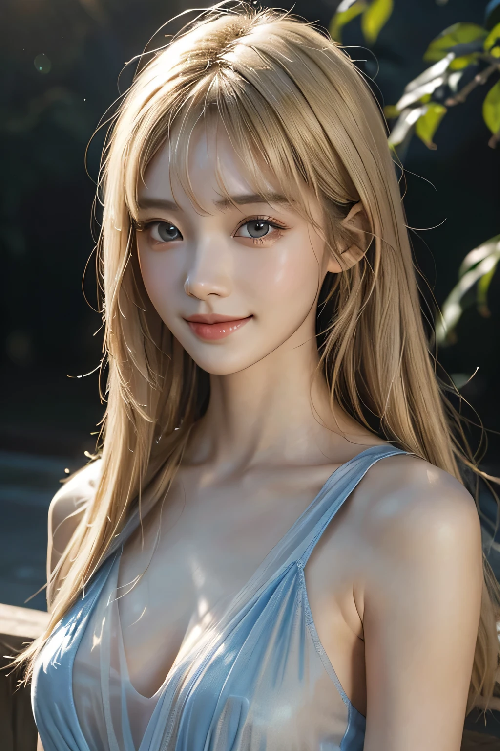 (Beautiful Woman Photo) (Mastepiece:1.3)Beautiful Japanese girl,((Smile)),Beautiful face,(Lifelike face),Beautiful delicate eyes,((see through blue dress)),Realistic eyes,medium bust,Beautiful skin,Realistic skin texture(Real Skin)Radiant Skin,Professional Lighting,((light blond hair, glossy, straight)),((Short bangs, long straight hair, long light-blond hair)),Blue dress,Mid-chest,High resolution,Sharp Focus,Ultra high definition eyes,