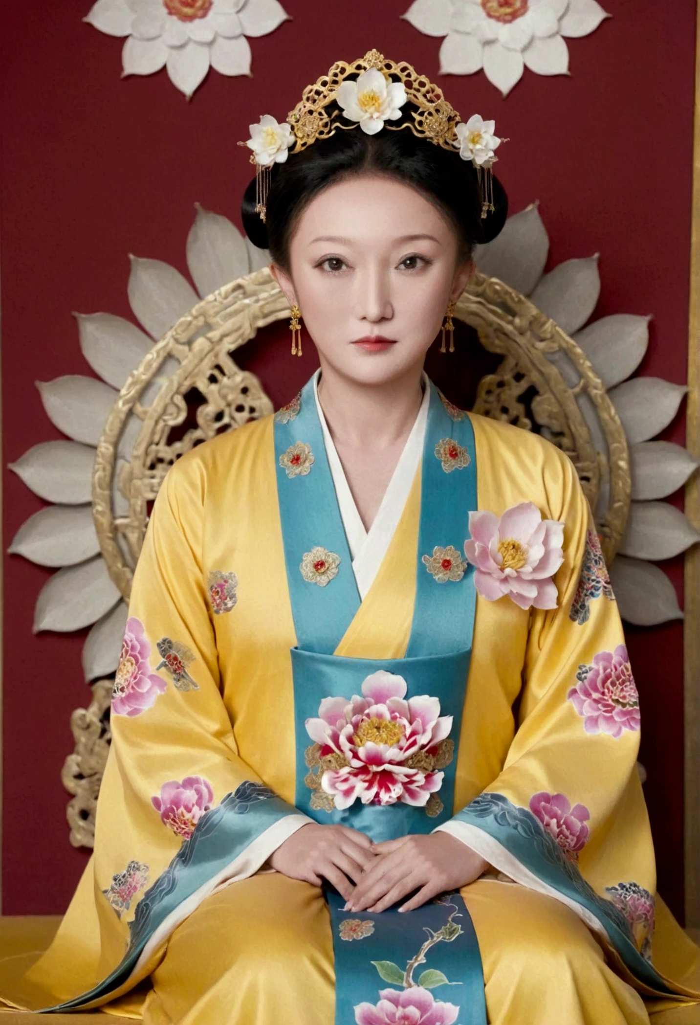 From the pre-Qing period, The Empress sits naked on a large golden sofa in the palace, Her legs were spread, At the Chinese court during the Qing Dynasty, Empress of the Qing Dynasty, Wearing the great crown of the Chinese Empress, Belly and thighs visible from below.。She is completely naked, Showing off gorgeous large flowers and hairpins, She tied her hair up and pulled it up, 背景はEmpress of the Qing Dynastyの豪華な宮殿.
