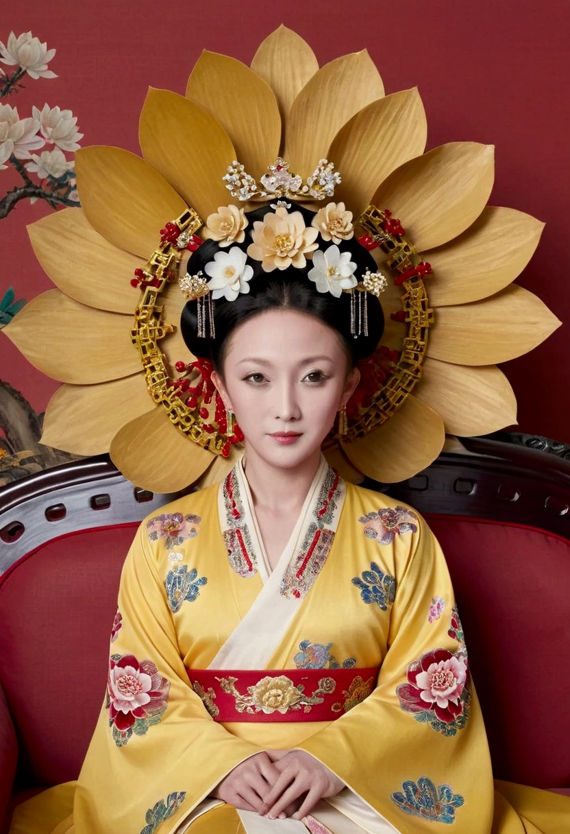 From the pre-Qing period, The Empress sits naked on a large golden sofa in the palace,  Her legs were spread, At the Chinese court during the Qing Dynasty, Empress of the Qing Dynasty, Wearing the great crown of the Chinese Empress, Belly and thighs visible from below.。She is completely naked, Showing off gorgeous large flowers and hairpins, She tied her hair up and pulled it up, 背景はEmpress of the Qing Dynastyの豪華な宮殿.