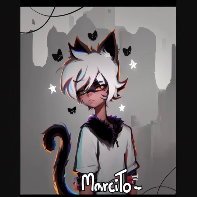 Cartoon cat with a black collar and white fur and a black collar, furson art, hairy macro, Emo boy with cat ears and tail., furson!!!!, Fanart oficial, exploitable image, A cat in a cave, Digital art. @mariomaniacdude, héroe 2 d fanart artstation, Fanart oficial, oc commission, furson commission make it more anime and sad