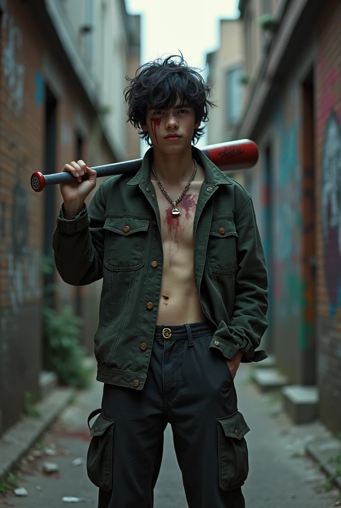 r Tom with dark hair, skater gangstar outfit with open jacket and wide pants, psychopath smile holding a bloody baseball bat on his shoulder