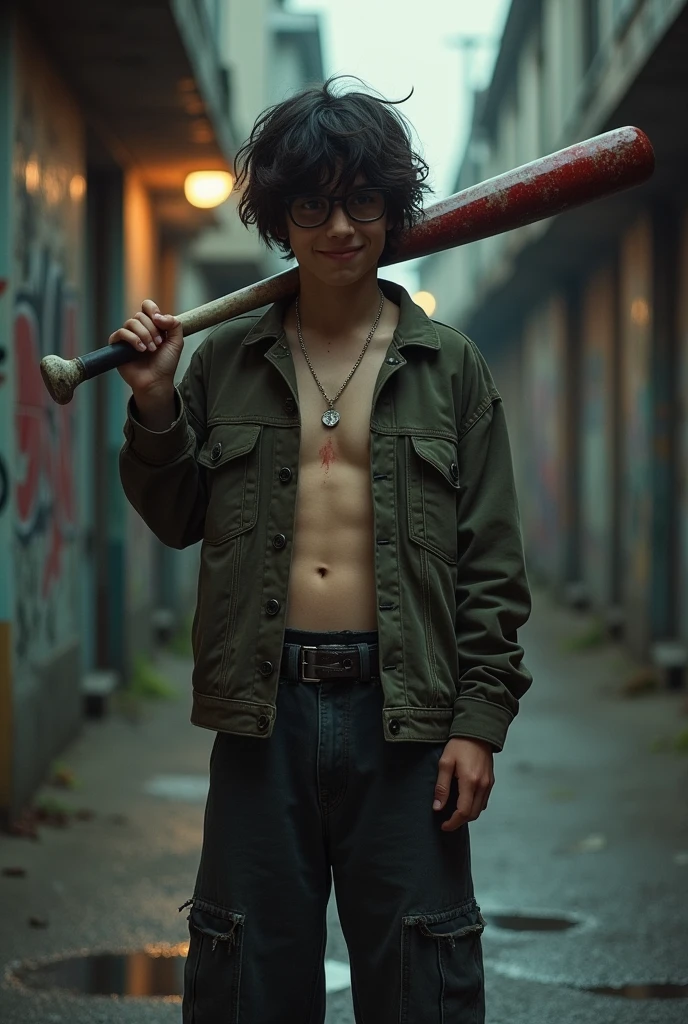 ager Tom with dark hair, skater gangstar outfit with open jacket and wide pants, psychopath smile holding a bloody baseball bat on his shoulder 