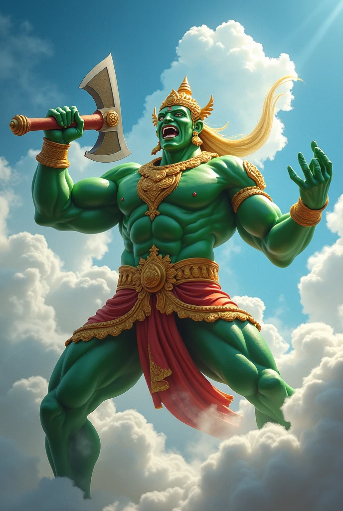 Ramasura, a ferocious green giant wearing a Thai costume, holding an axe about to throw it, floating in the sky.