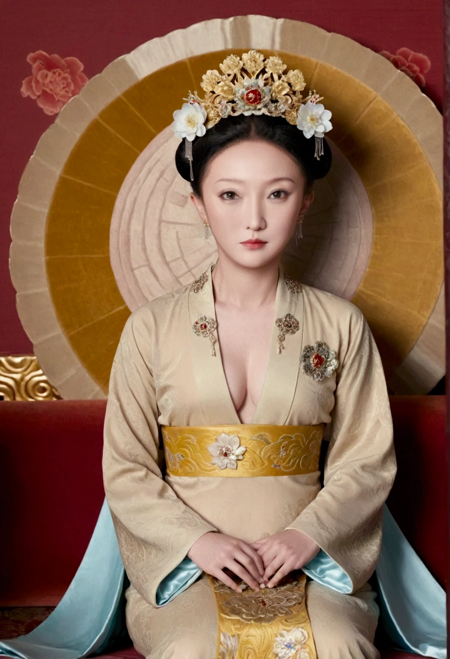 From the pre-Qing period, The Empress sits naked on a large golden sofa in the palace,  Her legs were spread, At the Chinese court during the Qing Dynasty, Empress of the Qing Dynasty, Wearing the great crown of the Chinese Empress, Belly and thighs visible from below.。She is completely naked, Showing off gorgeous large flowers and hairpins, She tied her hair up and pulled it up, 背景はEmpress of the Qing Dynastyの豪華な宮殿.