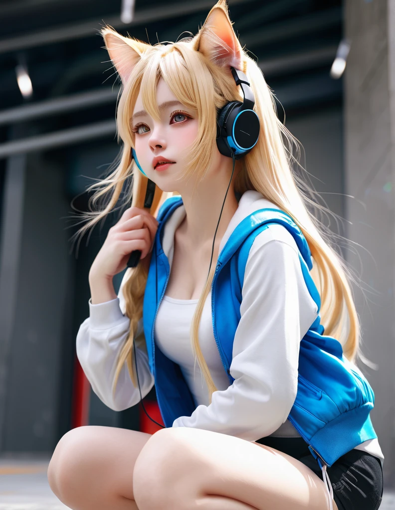 squatting1 person, High resolution, Long Hair, chest, Blushing, Blonde, Cat ear, Blurred, Dutch Angle, earphone, (from below:1.5)