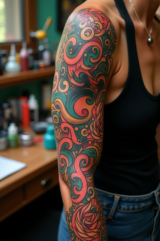 Tattooed arm with neo traditional theme
