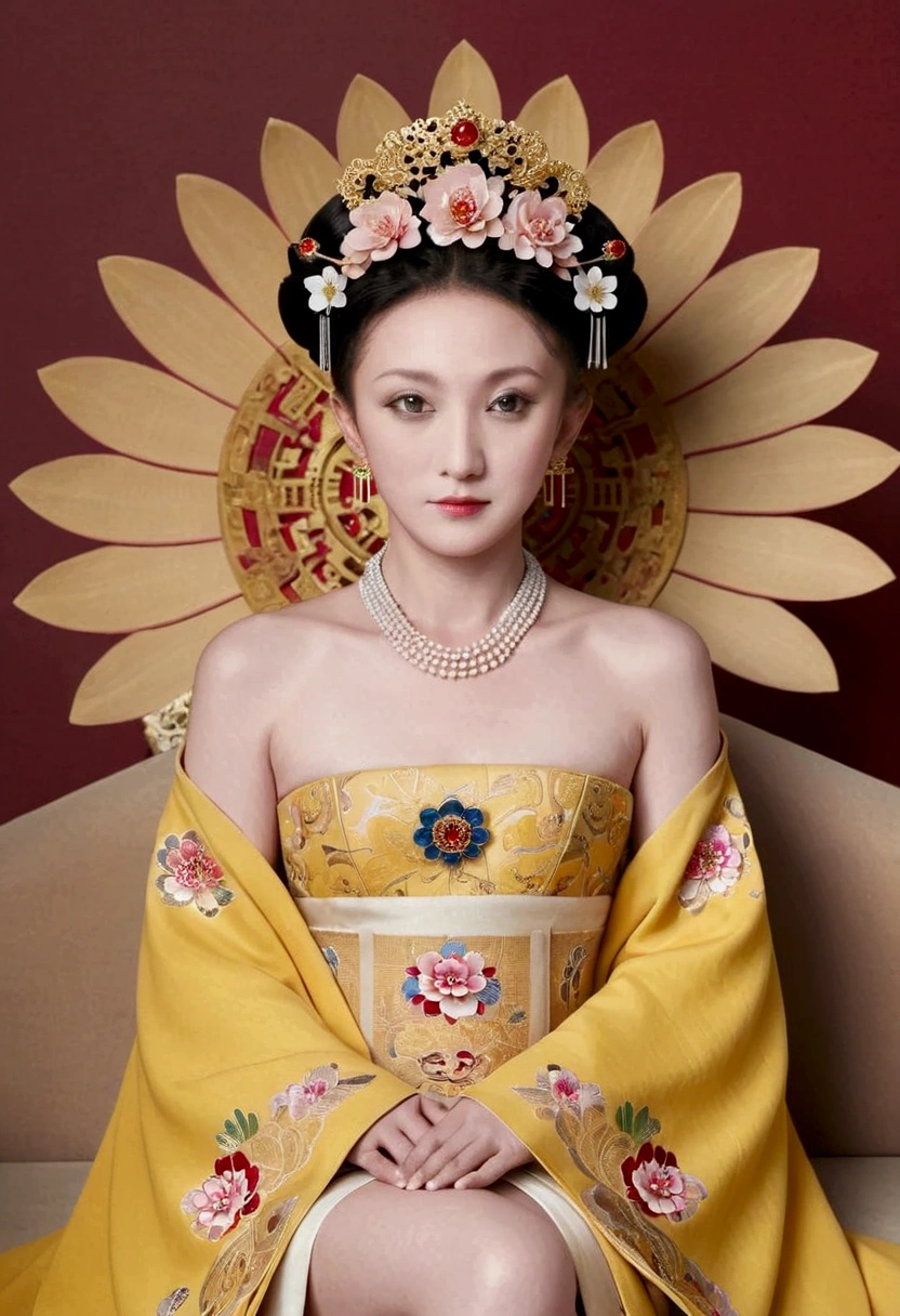 From the pre-Qing period, The Empress sits naked on a large golden sofa in the palace, Her legs were spread, At the Chinese court during the Qing Dynasty, Empress of the Qing Dynasty, Wearing the great crown of the Chinese Empress, Belly and thighs visible from below.。She is completely naked, Showing off gorgeous large flowers and hairpins, She tied her hair up and pulled it up, 背景はEmpress of the Qing Dynastyの豪華な宮殿.