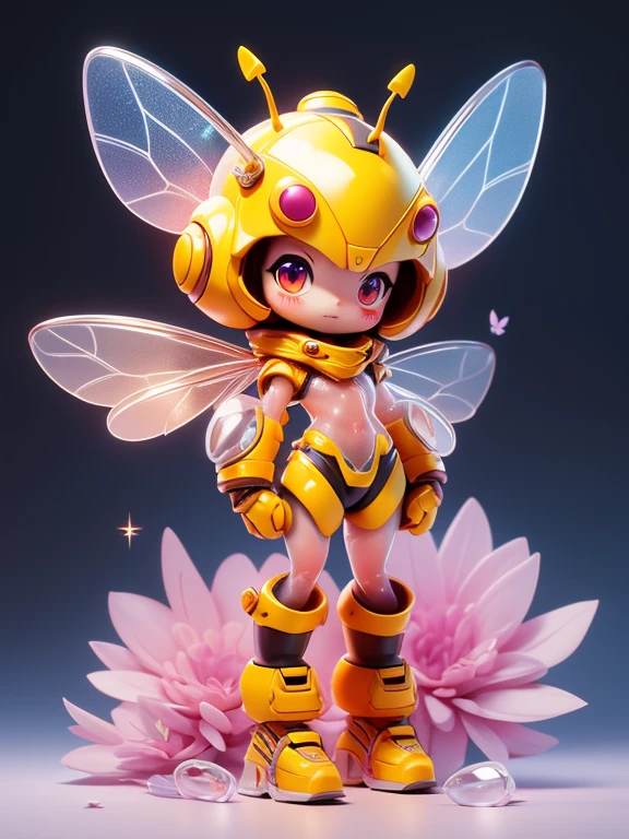Create an image of a small bee monster., The body is transparent and can be seen through. The image is sharp and detailed., with beautiful colors.. With arms, leg, eyes, mouth, พื้นหลังสีlegว
