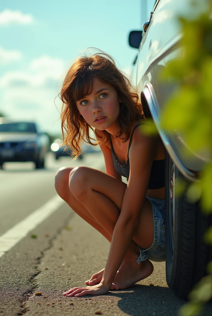 A cutie with a baseball bat destroying a car very angry with someone inside like her ex-boyfriend