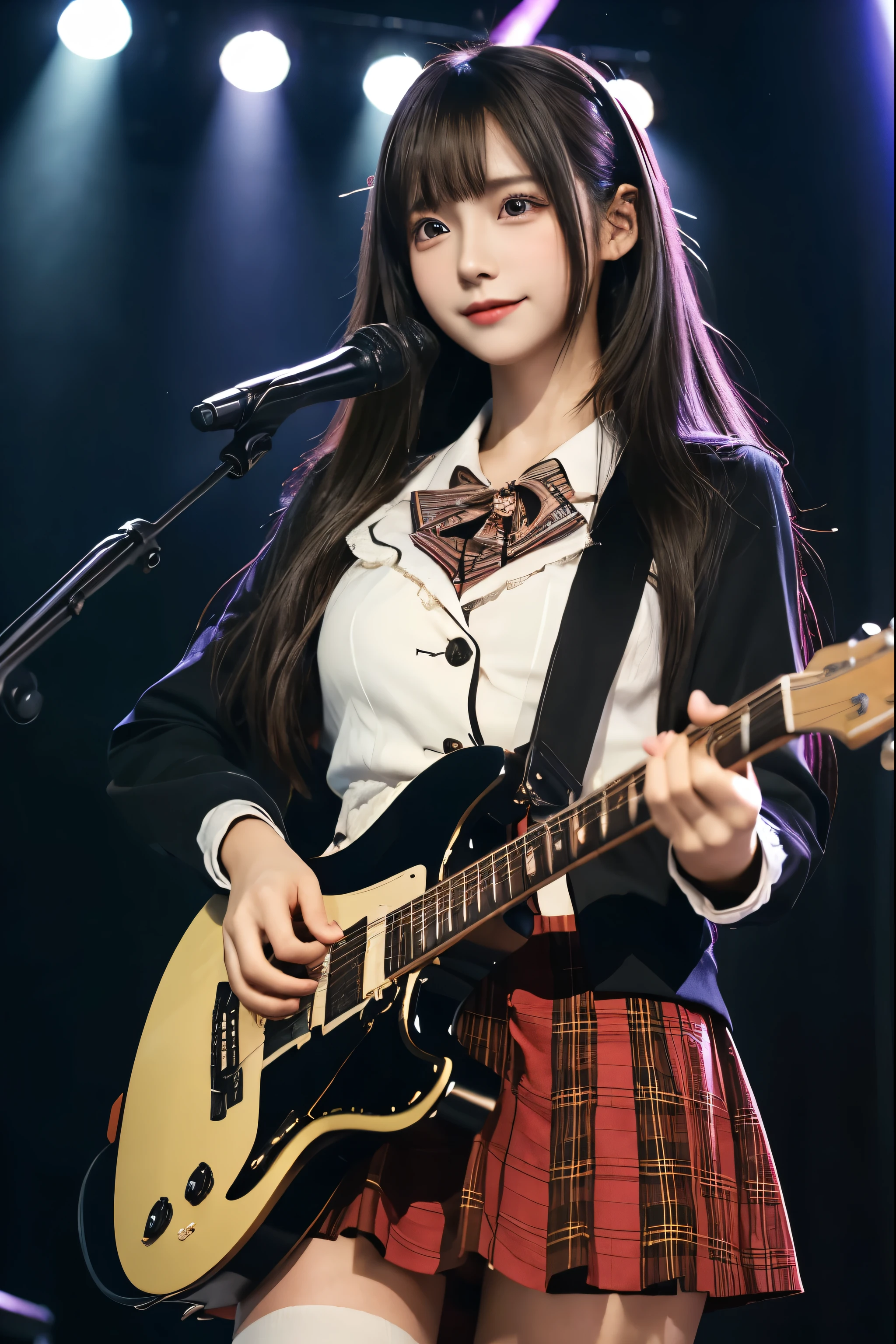 High school girl blazer、uniform、Red checked knee-length skirt、Long skirt、JK Style、Jacket、smile、Knee-high socks、Thigh-high socks、pantyhose、Extremely beautiful、Super cute、ennui、Rare Beauty、Dark black eyeshadow、sad、Skin radiance、Long Hair Straight Hair、Dark Gothic Makeup、Dark Smile、Fragrant beauty、Stained glass background、masterpiece、Highest quality、See 5 books、Sweat glistening on my chest、Sweat glistening on the face、Small breasts、22 years old、Slightly slim、Mysterious look、Sad look、Mysterious Gothic Church、enchanting castle、Excessive sweating all over the body、Sweat dripping down thighs, shining in the light、Shiny thighs、Thighs、Sweat on thighs, shining brightly、sweat profusely、gal、Small breasts、Japanese face、Captivating look、Thin Thighs、play the guitar、I have a guitar、Enthusiastic singing、play the guitar in a band、Playing guitar chords、Background of the live music venue、Sing a song、Open your mouth、Scenery of a live music venue、Mike stand、Glamorous live stage、Dynamic Angles、Vivid straight long hair、delicate straight hair、