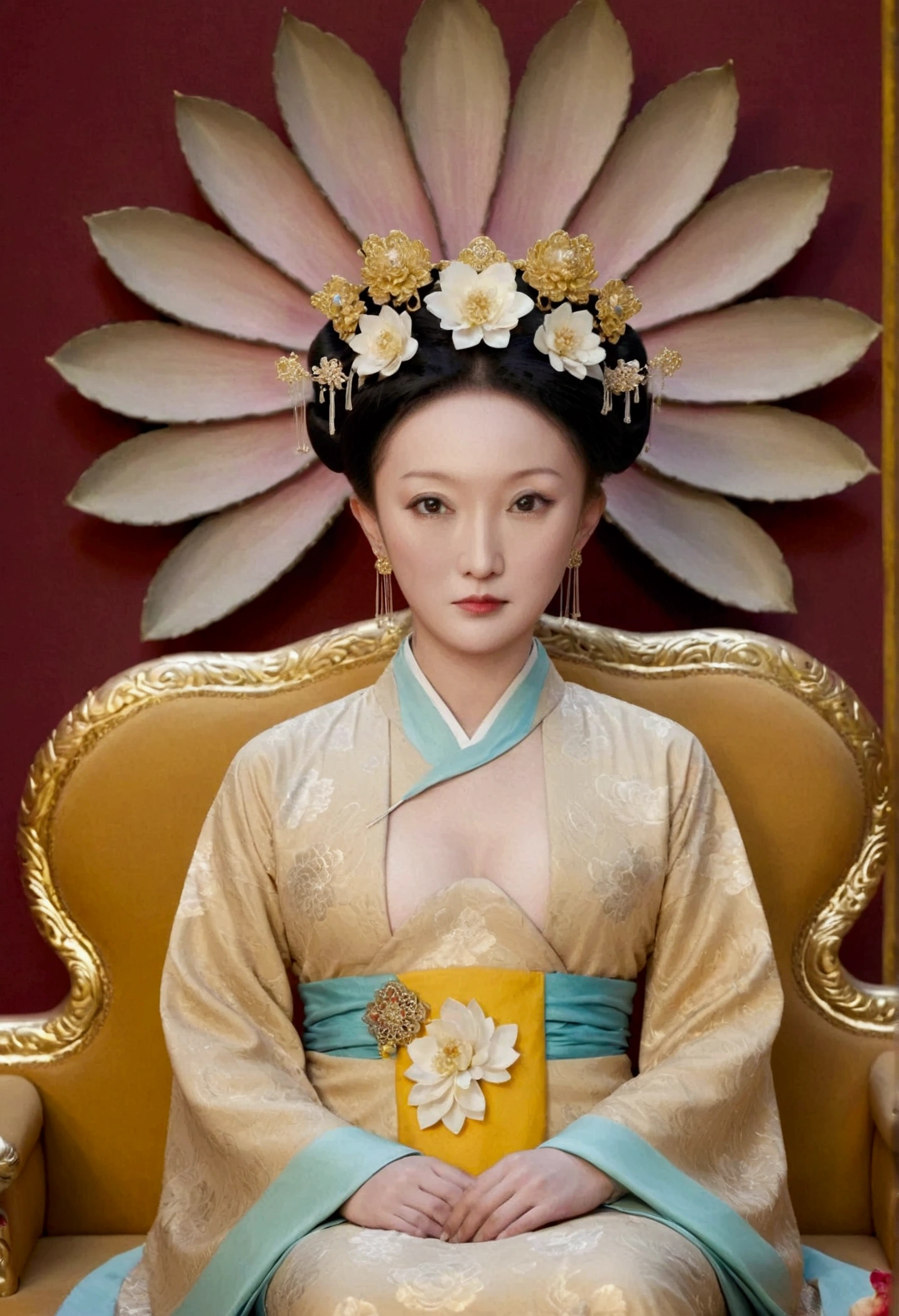 From the pre-Qing period, The Empress sits naked on a large golden sofa in the palace,  Her legs were spread, At the Chinese court during the Qing Dynasty, Empress of the Qing Dynasty, Wearing the great crown of the Chinese Empress, Belly and thighs visible from below.。She is completely naked, Showing off gorgeous large flowers and hairpins, She tied her hair up and pulled it up, 背景はEmpress of the Qing Dynastyの豪華な宮殿.