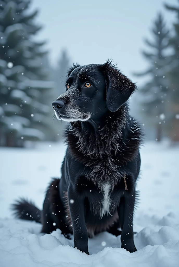 Old dog, black dog, snow fall