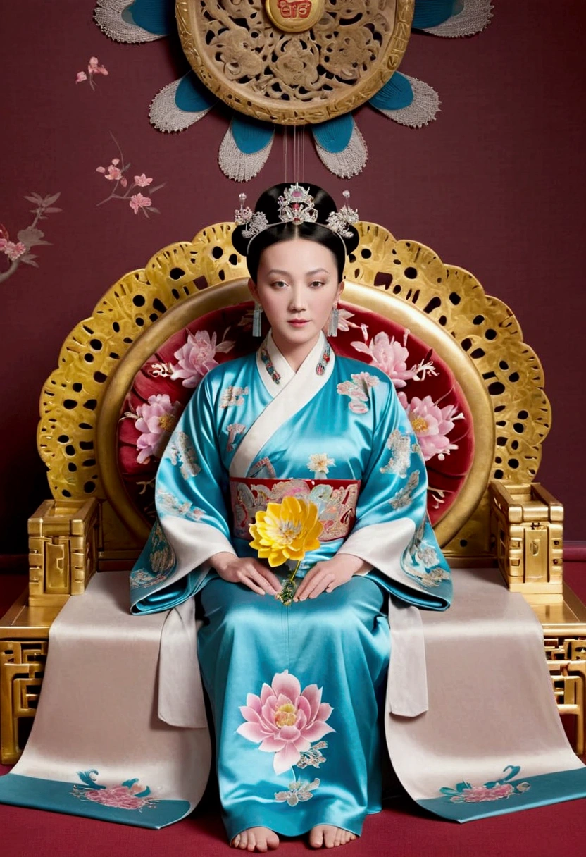 From the pre-Qing period, The Empress sits naked on a large golden sofa in the palace,  Her legs were spread, At the Chinese court during the Qing Dynasty, Empress of the Qing Dynasty, Wearing the great crown of the Chinese Empress, Belly and thighs visible from below.。She is completely naked, Showing off gorgeous large flowers and hairpins, She tied her hair up and pulled it up, 背景はEmpress of the Qing Dynastyの豪華な宮殿.