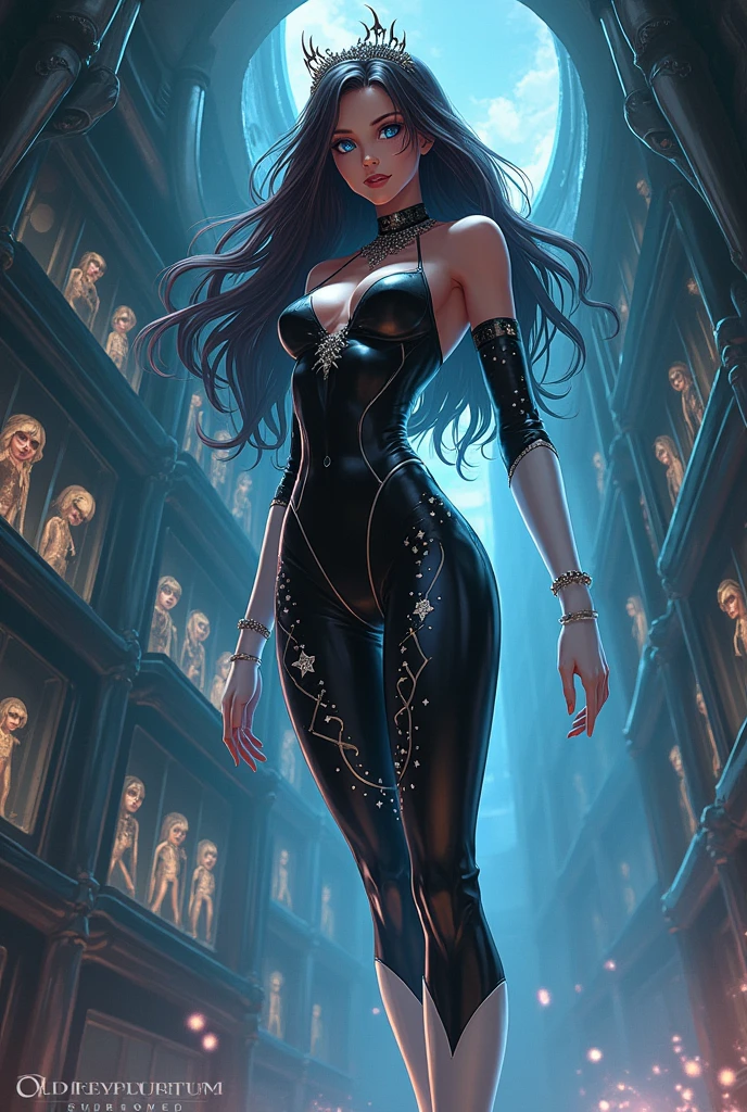 Anime style, Sultry and Beautiful young woman with a soul of pure evil and hatred. brunette haired, blue eyed supervillain dressed in a sleek skintight black costume with glittering white stars all over, a thin silver tiara, white thigh high boots and white 3 quarter sleeve gloves. She is floating and emanating black energy. She has a smile crossing her thin black lips. The setting is an alien space ship with captured costumed heroes in cages.