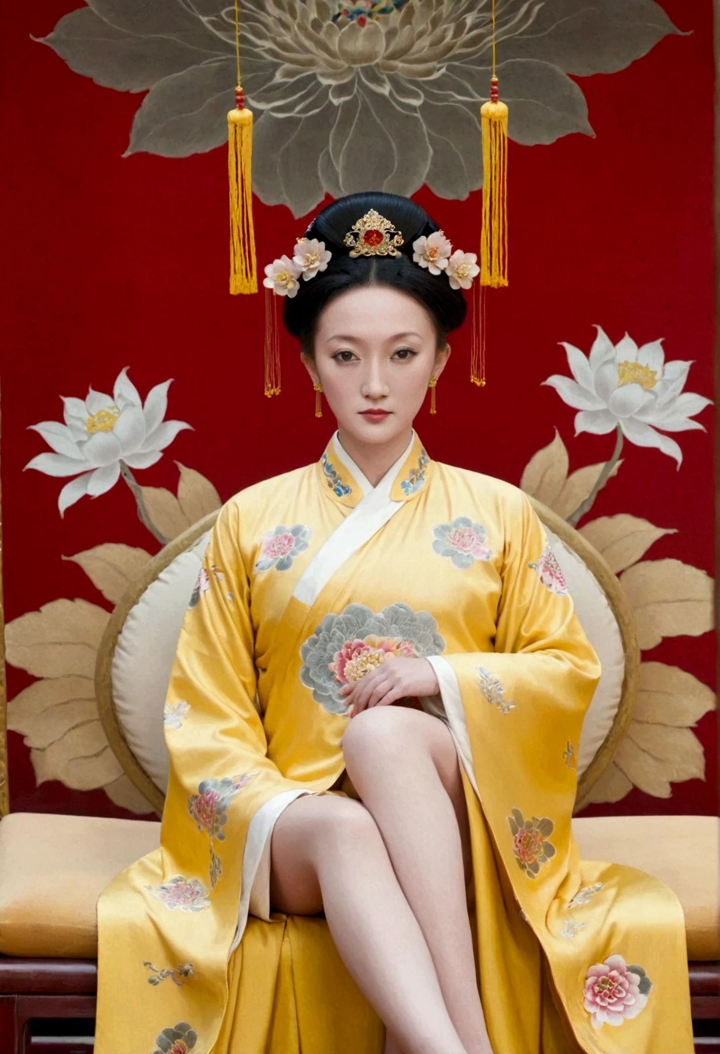 From the pre-Qing period, The Empress sits naked on a large golden sofa in the palace, Her legs were spread, At the Chinese court during the Qing Dynasty, Empress of the Qing Dynasty, Wearing the great crown of the Chinese Empress, Belly and thighs visible from below.。She is completely naked, Showing off gorgeous large flowers and hairpins, She tied her hair up and pulled it up, 背景はEmpress of the Qing Dynastyの豪華な宮殿.