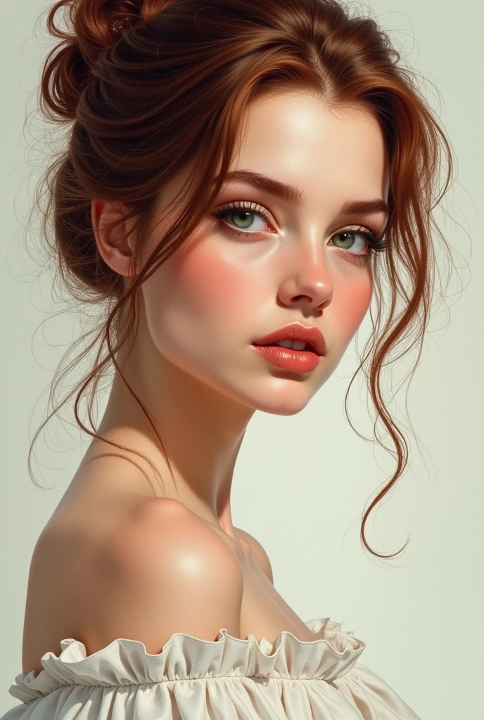 Best image quality, masterpiece level, ultra-high resolution. illustration Art, water color, fantasy theme, facial details, a eastern European woman in 20's, hair bun, serendipity, charming, fairy tale theme, upper body, get detailed outdoor lighting and movie lighting, increase detailed overall ambient light, face and eye details, improve the realism of body details, clearly express sharp focus, expressionless, white offshoulder clothes, burgundy hair, Green eyes, simple background. oil on canvas. colarbone