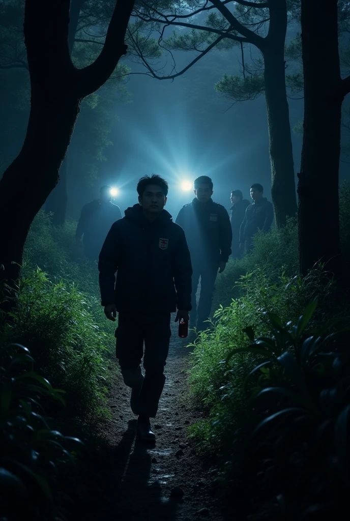 A small search party made up of Japanese police officers and local villagers, all in modern clothing, walking through the dense forest at night with flashlights. The beams of light cut through the darkness, highlighting the fear on their faces