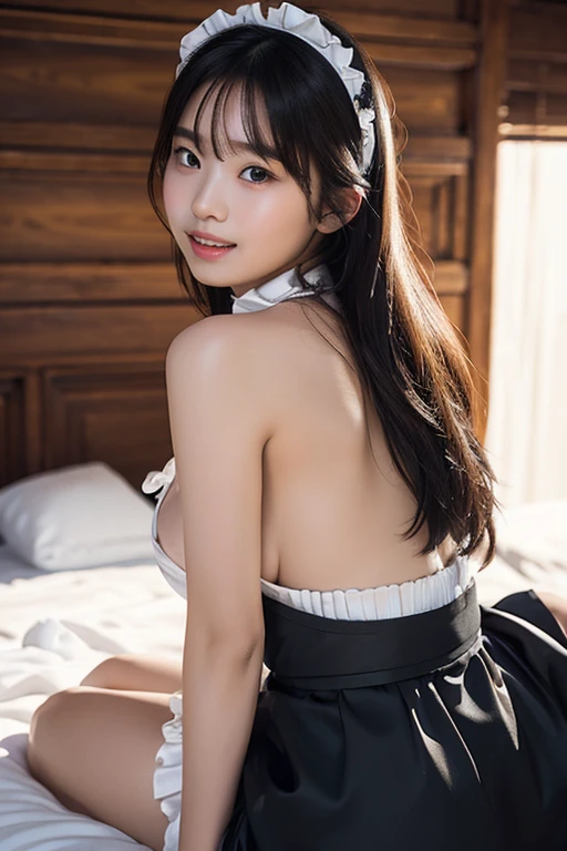 bangs,(Large Breasts:1.2),(Highest quality,masterpiece:1.2),one person,one person,alone,Fair skin,8k,Ultra-high resolution,Super detailed,Highest quality,Perfect lighting,flat light,super high quality,Ultra-high resolution,masterpiece,Realistic,Detailed face,Perfect Anatomy,Slender body、Young face、smile、Sweating、Flushed Cheeks、((Please show me your whole body))、((Please wear black maid clothes))、((Please clean up))、Beautiful feet、((Baby Face))、round face、((light makeup))、((Sweaty))、Small waist,(((maid, maid apron, Maid Headdress))),((Please lie on your back with your back against the bed.))